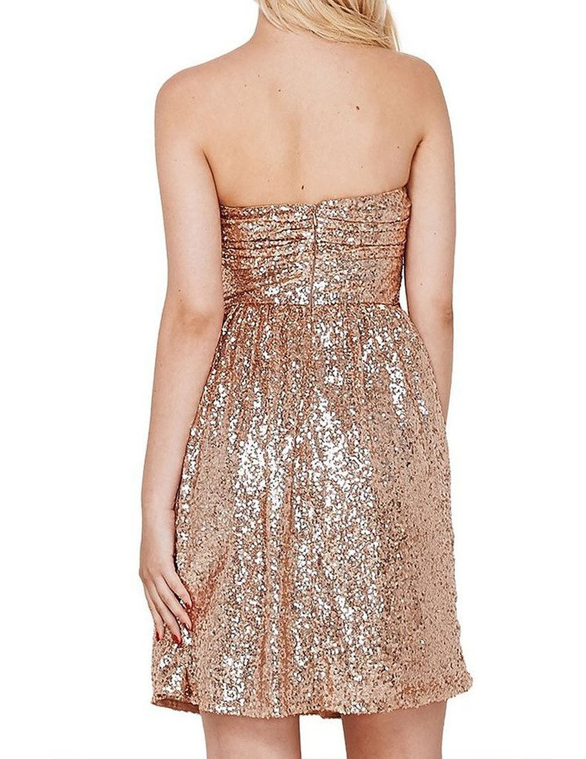 Sparkly Strapless Short Rose Gold Sequins Prom Dresses